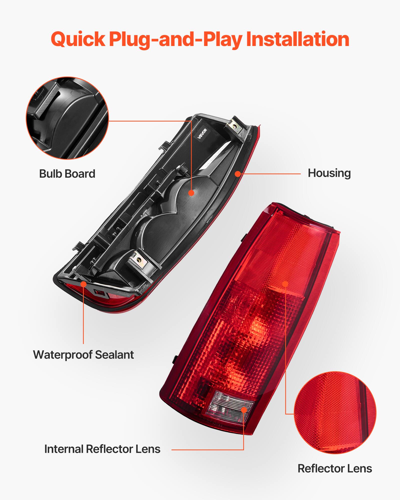 Quick Plug-and-Play Installation

- Bulb Board
- Housing
- Waterproof Sealant
- Internal Reflector Lens
- Reflector Lens