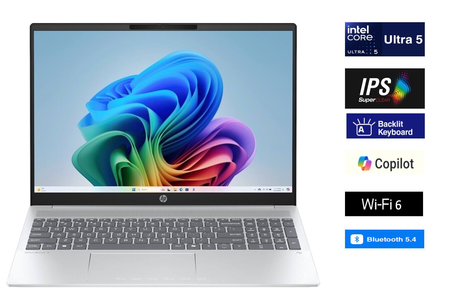 intel CORE Ultra 5  
ULTRA 5  
IPS SuperCLEAR  
Backlit Keyboard  
Copilot  
hp  
Wi-Fi 6  
Bluetooth 5.4