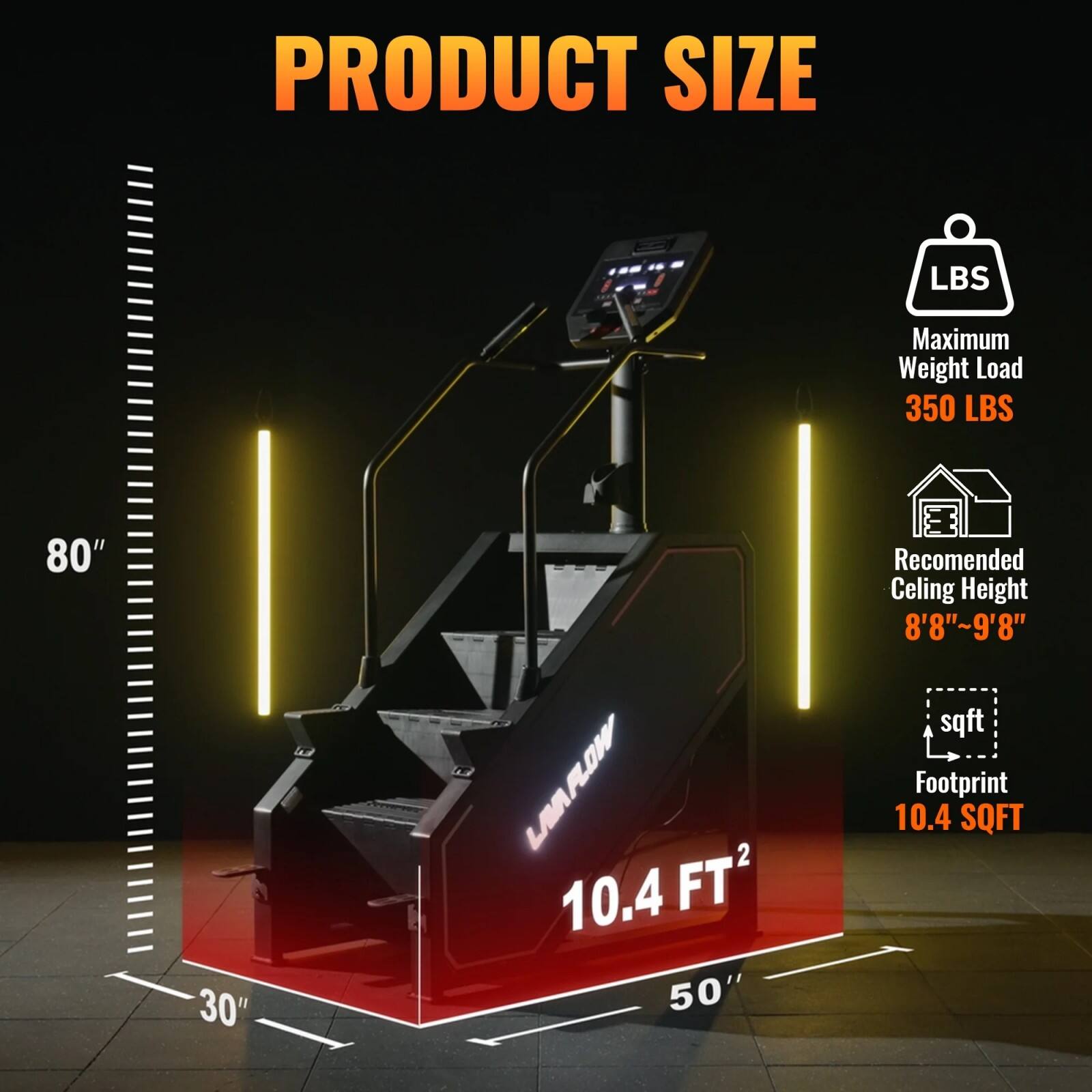 PRODUCT SIZE

- Maximum Weight Load: 350 LBS
- Recommended Ceiling Height: 8'8" - 9'8"
- Footprint: 10.4 SQFT
- Dimensions: 80" x 30" x 50"