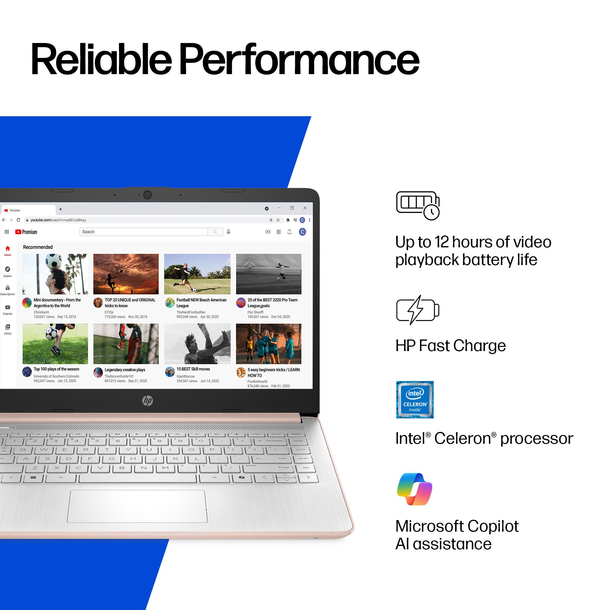 Reliable Performance

- Up to 12 hours of video playback battery life
- HP Fast Charge
- Intel® Celeron® processor
- Microsoft Copilot AI assistance