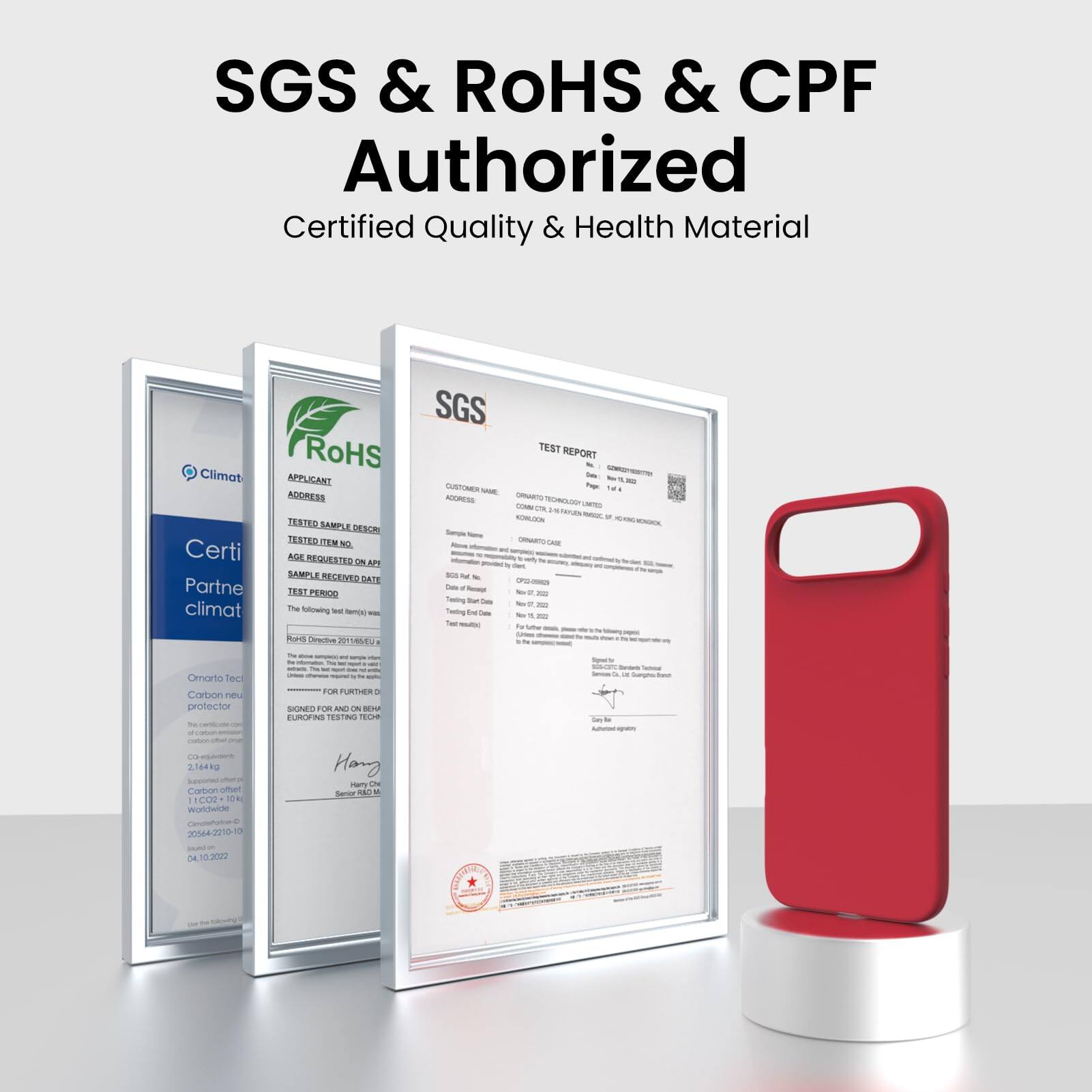 SGS & RoHS & CPF Authorized  
Certified Quality & Health Material  

Climat  
Certified Partner  

RoHS  
Certified Partner  

SGS  
TEST REPORT  

APPLICANT  
ADDRESS  

TESTED ITEM NO  
TESTED SAMPLE DESCRIPTION  

AGE REQUESTED ON  
SAMPLE RECEIVED DATE  

TEST PERIOD  

SGS Directive 2011/65/EU  

The following test results are based on the samples received and are not a guarantee of the quality of the product.  

Signed for and on behalf of  
[Signature]  
[Name]  
[Title]  
[Date]  

[SGS Logo]  
[SGS Contact Information]  

[Additional Text and Details]  

[Red Phone Case on Stand]
