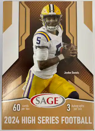 The image features a football player named Jayden Daniels, who is wearing a white jersey with the number 5 on it. He is holding a football in his hand. The image is part of a SAGE 2024 High Series Football card set, which includes 60 cards per box and three autographs per box. The card set is designed to showcase the talents of various football players.