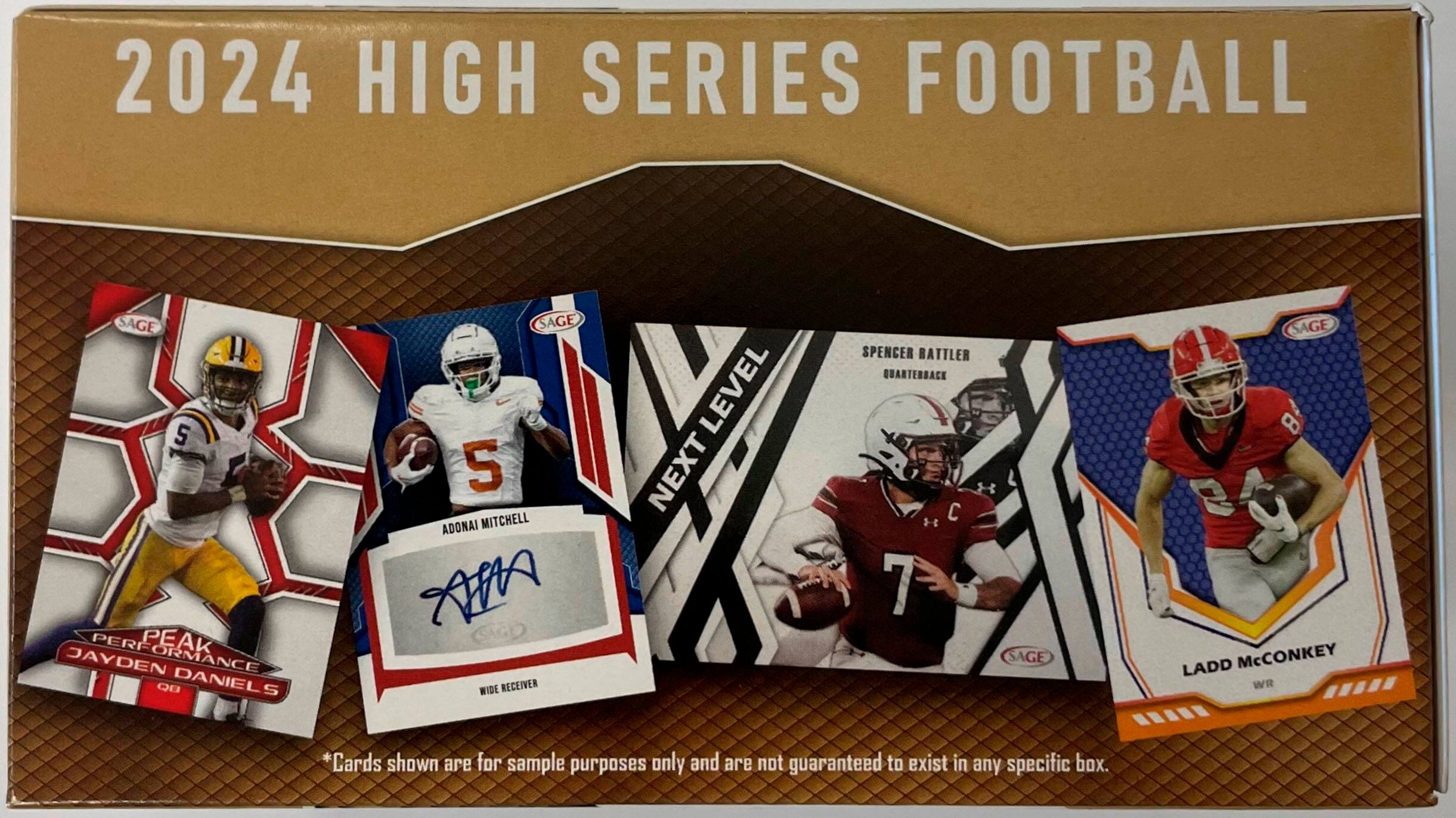 The image features a 2024 High Series Football card set, which includes five different cards. The cards showcase various football players, such as Jayden Orman, Daniels, Adonai Mitchell, and Spencer Battler. The cards are displayed in a box, with each card featuring a different football player. The cards are not guaranteed to exist in any specific box, but they provide a glimpse of the exciting players featured in the set.