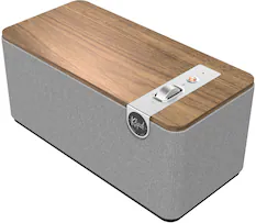 Angle. Klipsch - The One Plus Premium Tabletop Bluetooth Speaker with Broadcast Mode, Walnut - Walnut.