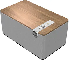 Angle. Klipsch - The Three Plus Premium Tabletop Bluetooth Speaker with Broadcast Mode, Walnut - Walnut.