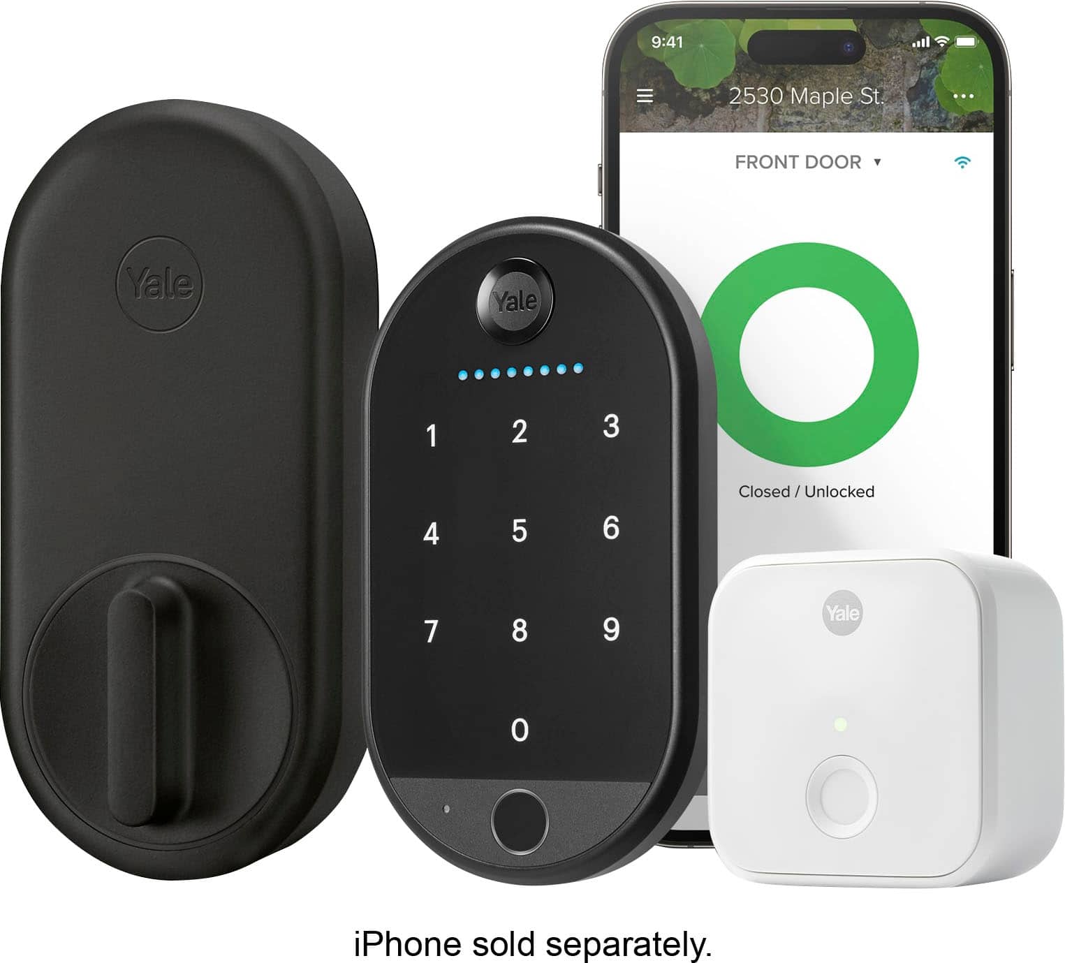 The image features a Yale lock and a smartphone, both of which are sold separately. The lock is a black, keyless entry lock that can be controlled via a smartphone app. The smartphone is an iPhone, which is also sold separately. The image is advertising the Yale lock and the iPhone, with the text "iPhone sold separately."