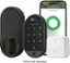 The image features a Yale lock and a smartphone, both of which are sold separately. The lock is a black, keyless entry lock that can be controlled via a smartphone app. The smartphone is an iPhone, which is also sold separately. The image is advertising the Yale lock and the iPhone, with the text "iPhone sold separately."