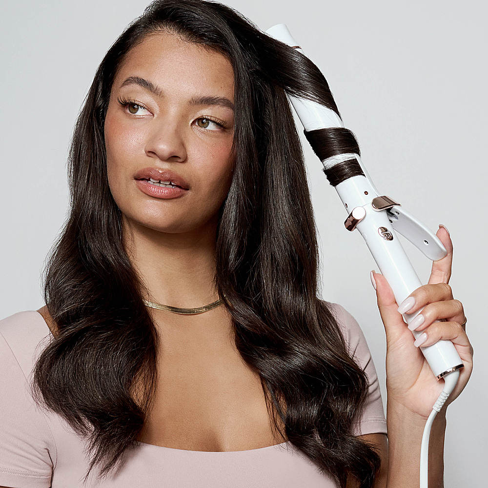 Left View: T3 SinglePass Curl X 1.25" Ceramic Extra-Long Barrel Curling Iron - White