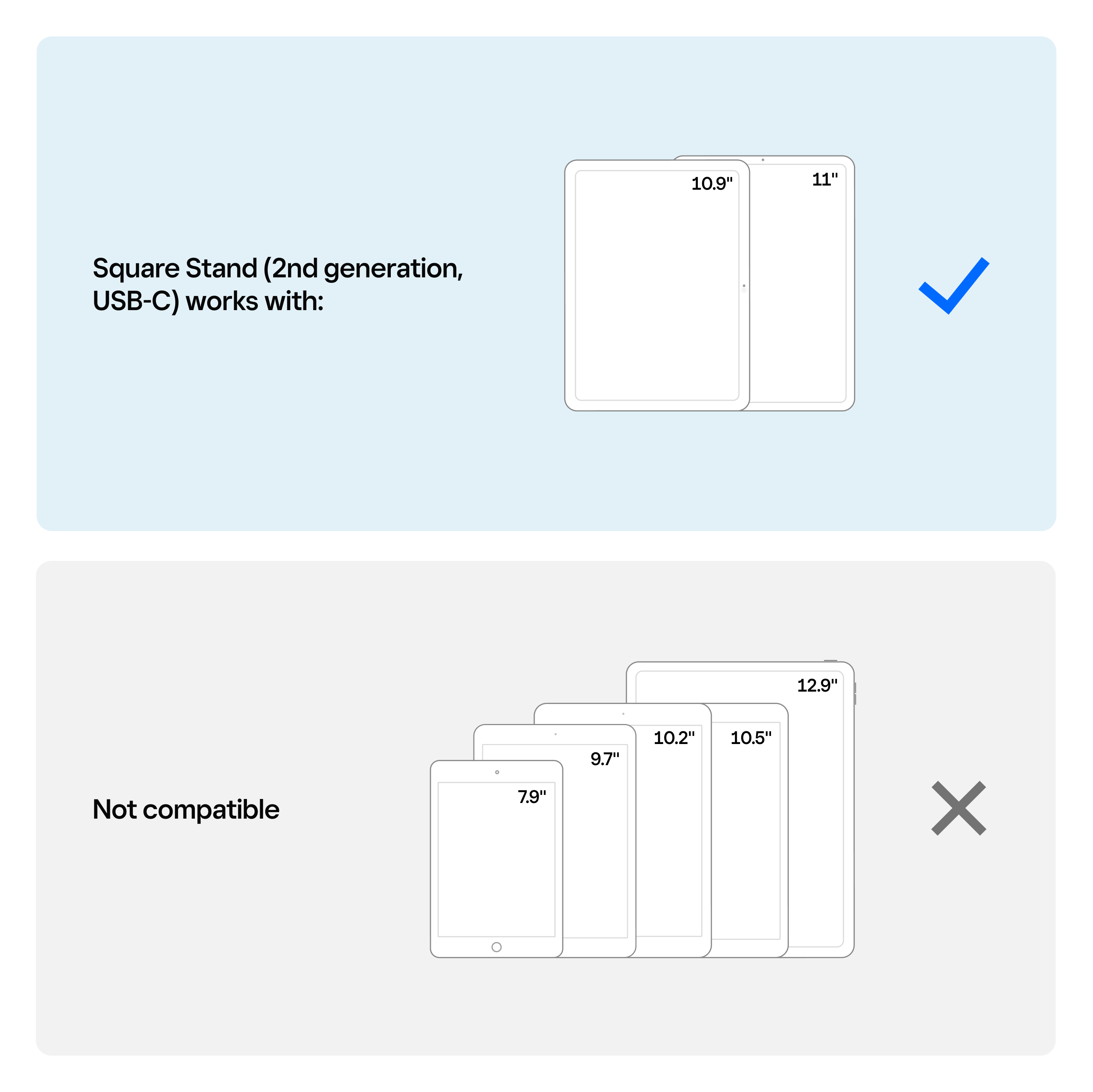Square Stand (2nd generation, USB-C) works with: 10.9" 11" 12.9" Not compatible 7.9" 9.7" 10.2" 10.5"