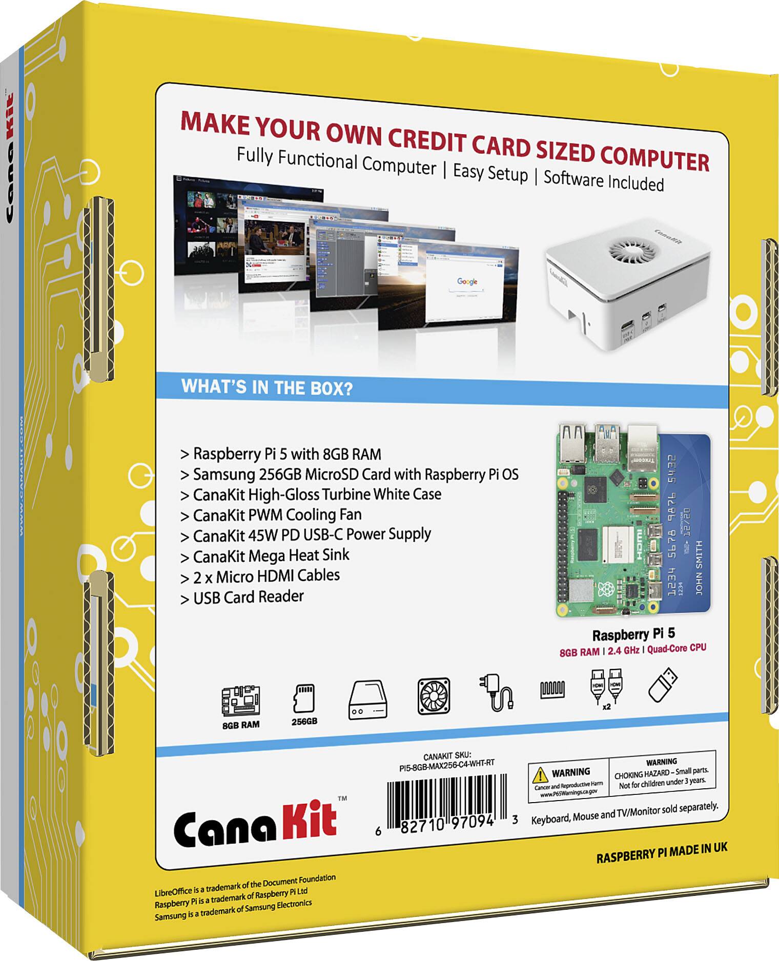 The text on the image is grouped and corrected as follows:

What's in the box?

* Raspberry Pi 5 with 8GB RAM
* Samsung 256GB MicroSD Card with Raspberry Pi OS
* CanaKit High-Gloss Turbine White Case
* CanaKit PWM Cooling Fan
* CanaKit 45W PD USB-C Power Supply
* CanaKit Mega Heat Sink
* 2 x Micro HDMI Cables
* USB Card Reader II
* 2 x Micro HDMI Cables
* USB Card Reader II
* 2 x Micro HDMI Cables
* USB Card Reader II
* 2 x Micro HDMI Cables
* USB Card Reader II
* 2 x Micro HDMI Cables
* USB Card Reader II

Make your own credit card sized fully functional computer. Easy setup software included.
