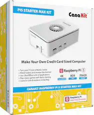 The text on the image is already grouped and correct. It reads:
"P15 STARTER MAX KIT Canakit USBC PWR MTMTO Make Your Own Credit Card Sized Computer Turn your TV into a Media Center Watch videos and browse the Internet Use LibreOffice suite of applications Play classic games with Retro Gaming Learn to code & explore computing Raspberry Pi 5 4K 8GB 256GB RAM STORAGE DUA MONITOR Cena KIC STARTER MAX KIT RASPBERRY PI 5 CANAKIT Raspberry Pi Approved Reseller"