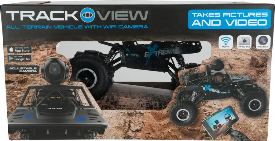 The image features a box containing a Track View All Terrain Vehicle with a built-in Wi-Fi camera. This vehicle is designed to take pictures and videos, making it an ideal choice for outdoor adventures and capturing memorable moments. The box also includes an adjustable camera, allowing users to customize their viewing angle and perspective. The Track View All Terrain Vehicle is a versatile and exciting addition to any outdoor enthusiast's collection.