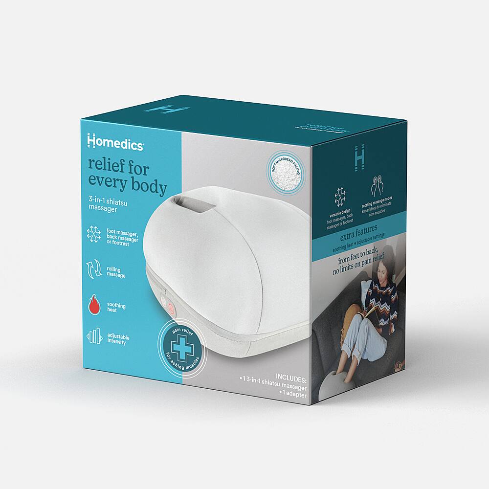 The image features a Homedics relief for every body 3-in-1 shiatsu massager, which can be used as a foot massager, back massager, or footrest massager. The massager has a rolling massage function and adjustable intensity for pain relief. It also includes a heating feature for added comfort. The packaging shows a woman sitting on a couch, with the massager placed nearby. The product comes with an adapter for added convenience.