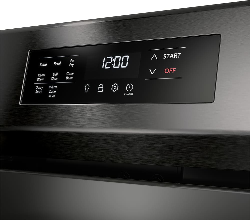 The image shows a digital display with the time 12:00 displayed on it. The display also has buttons for various functions, such as Bake, Broil, Keep Warm, Clean Air, Fry, Convection Bake, and Delay Start. Additionally, there is a button for Warm Zone 2x On and an On-Off button.