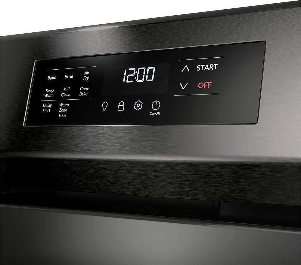 The image shows a digital display with the time 12:00 displayed on it. The display also has buttons for various functions, such as Bake, Broil, Keep Warm, Clean Air, Fry, Convection Bake, and Delay Start. Additionally, there is a button for Warm Zone 2x On and an On-Off button.