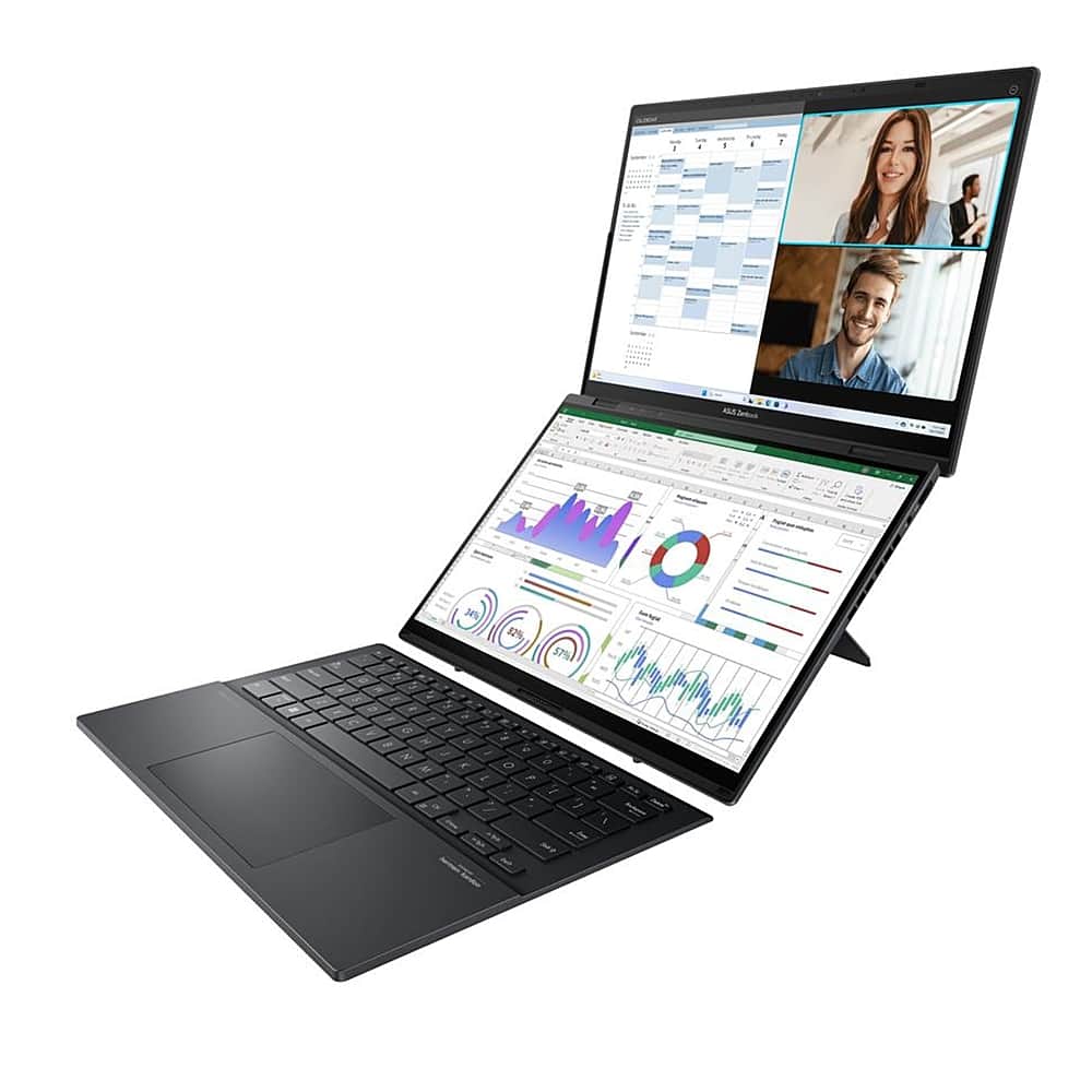 Angle. ASUS - Zenbook DUO Dual 14” WUXGA OLED Touch Laptop - Intel Core Ultra 7 with 16GB Memory - Intel Arc Graphics - 1TB SSD - Inkwell Gray.
