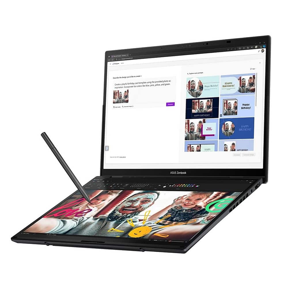 Alt View 1. ASUS - Zenbook DUO Dual 14” WUXGA OLED Touch Laptop - Intel Core Ultra 7 with 16GB Memory - Intel Arc Graphics - 1TB SSD - Inkwell Gray.