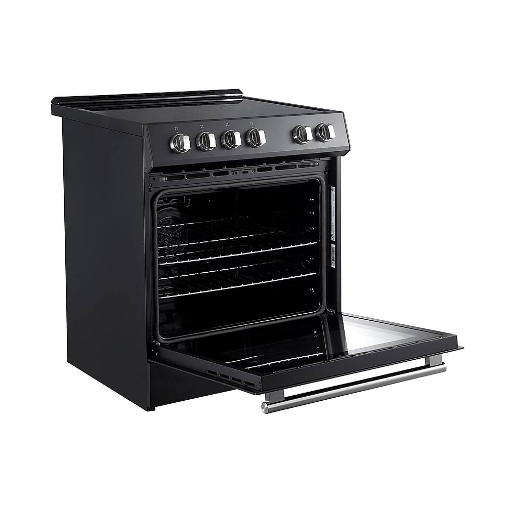 Left. Forno Appliances - Leonardo Espresso 5.0 cu. ft. Slide-In Oven Electric Convection Range with Antique Brass Accents - Black.