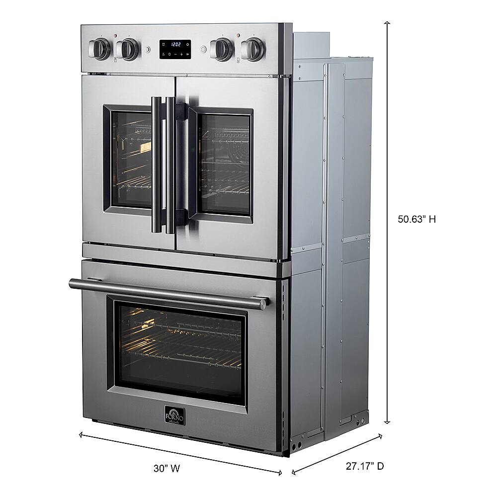 "1 0 1  50.63" H FORNO 30" W 27.17" D" is a description of a stainless steel oven with a 30" width and 27.17" depth. The oven has a 50.63" height, and it is made of stainless steel.