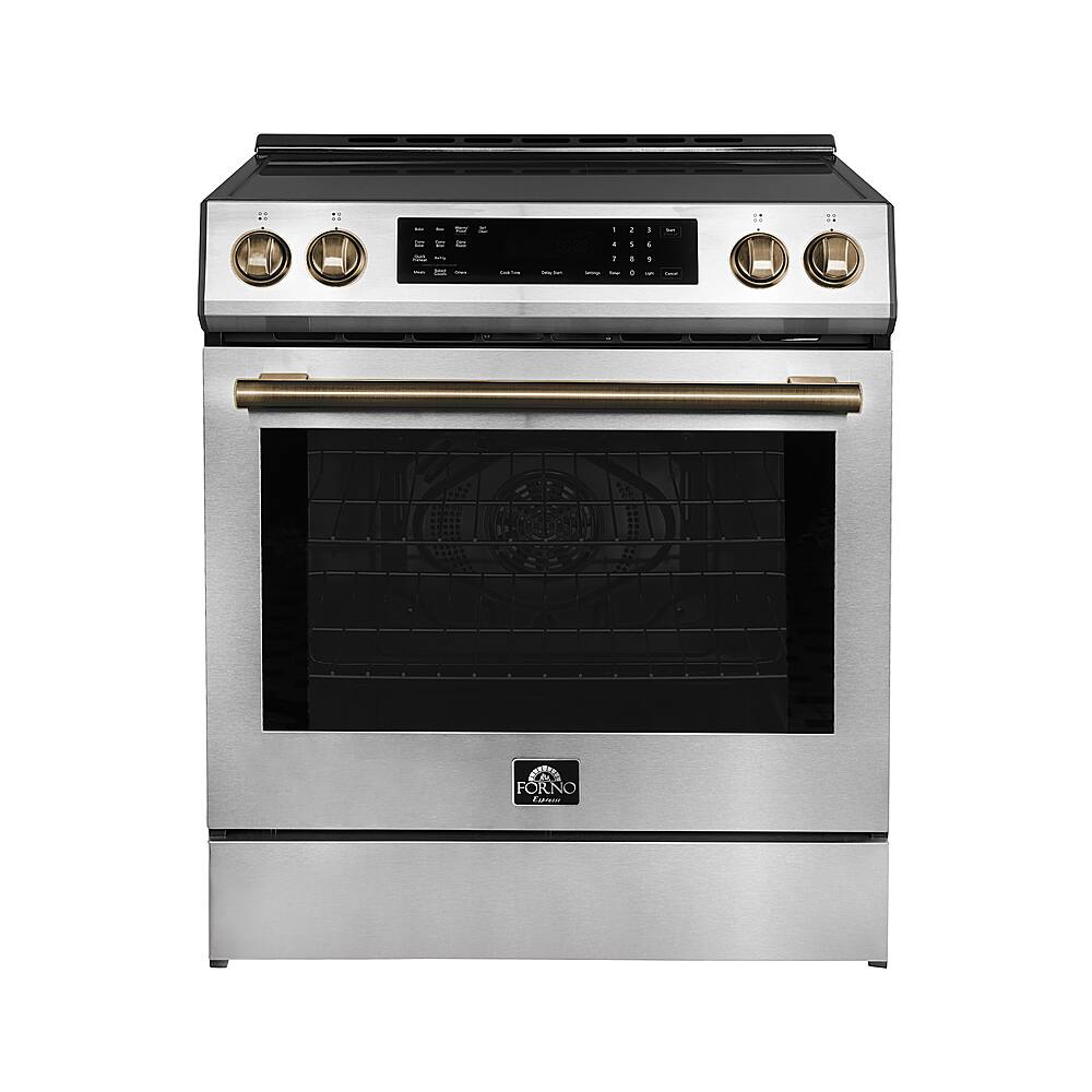 Angle. Forno Appliances - Donatello 5.0 cu. ft. Slide-In Electric Induction True Convection Range with Antique Brass Accents.