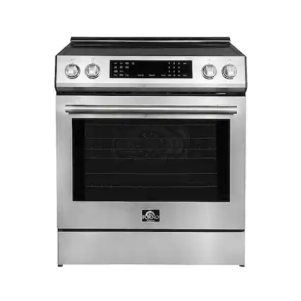 Front. Forno Appliances - Donatello 5.0 cu. ft. Slide-In Electric Induction True Convection Range with Antique Brass Accents.