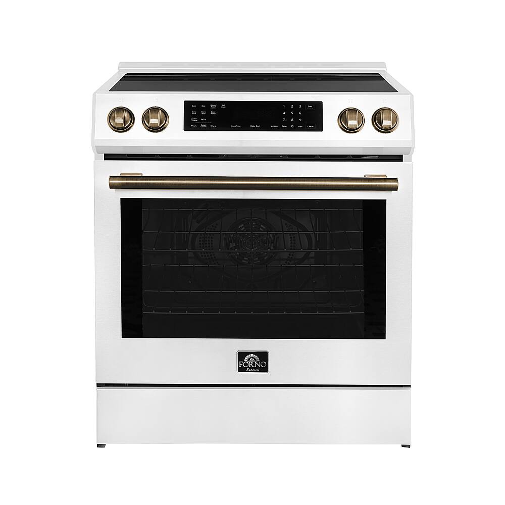 Angle. Forno Appliances - Donatello 5.0 cu. ft. Slide-In Electric Induction True Convection Range with Antique Brass Accents - White.