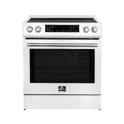 Front. Forno Appliances - Donatello 5.0 cu. ft. Slide-In Electric Induction True Convection Range with Antique Brass Accents - White.