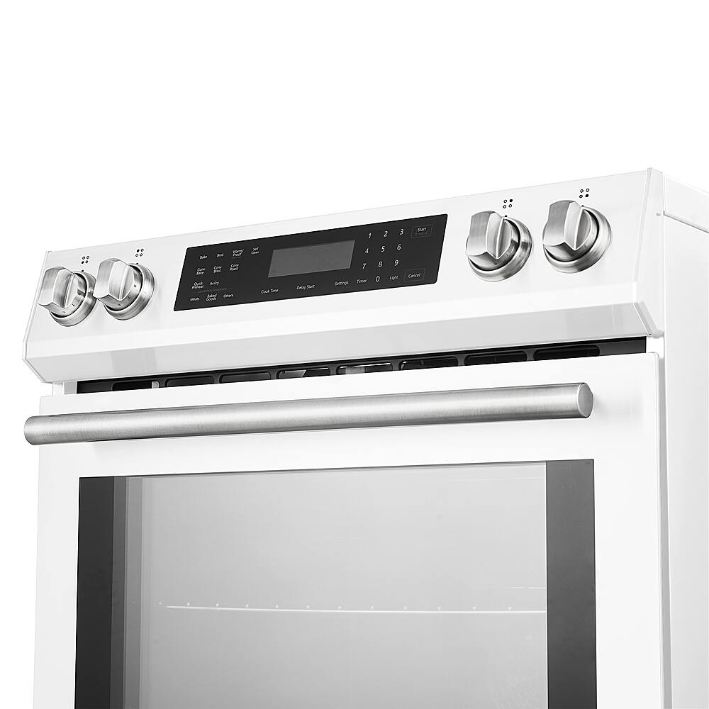 Left. Forno Appliances - Donatello 5.0 cu. ft. Slide-In Electric Induction True Convection Range with Antique Brass Accents - White.