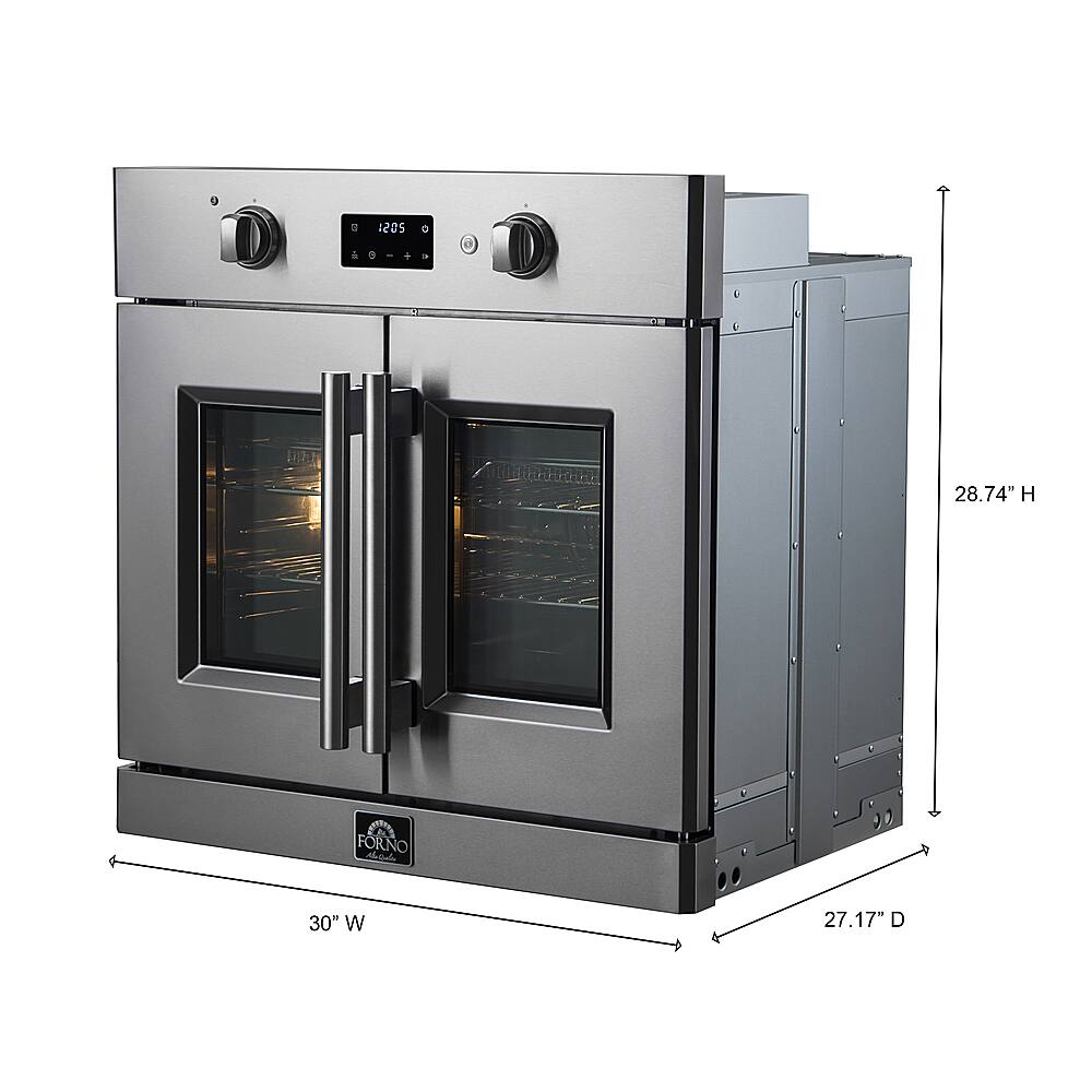 The text on the image reads: "1205 .-D a 9 + a 28.74" H FORNO 30" W 27.17" D." This text is likely describing the dimensions of the oven, with the numbers indicating the height, width, and depth of the appliance.