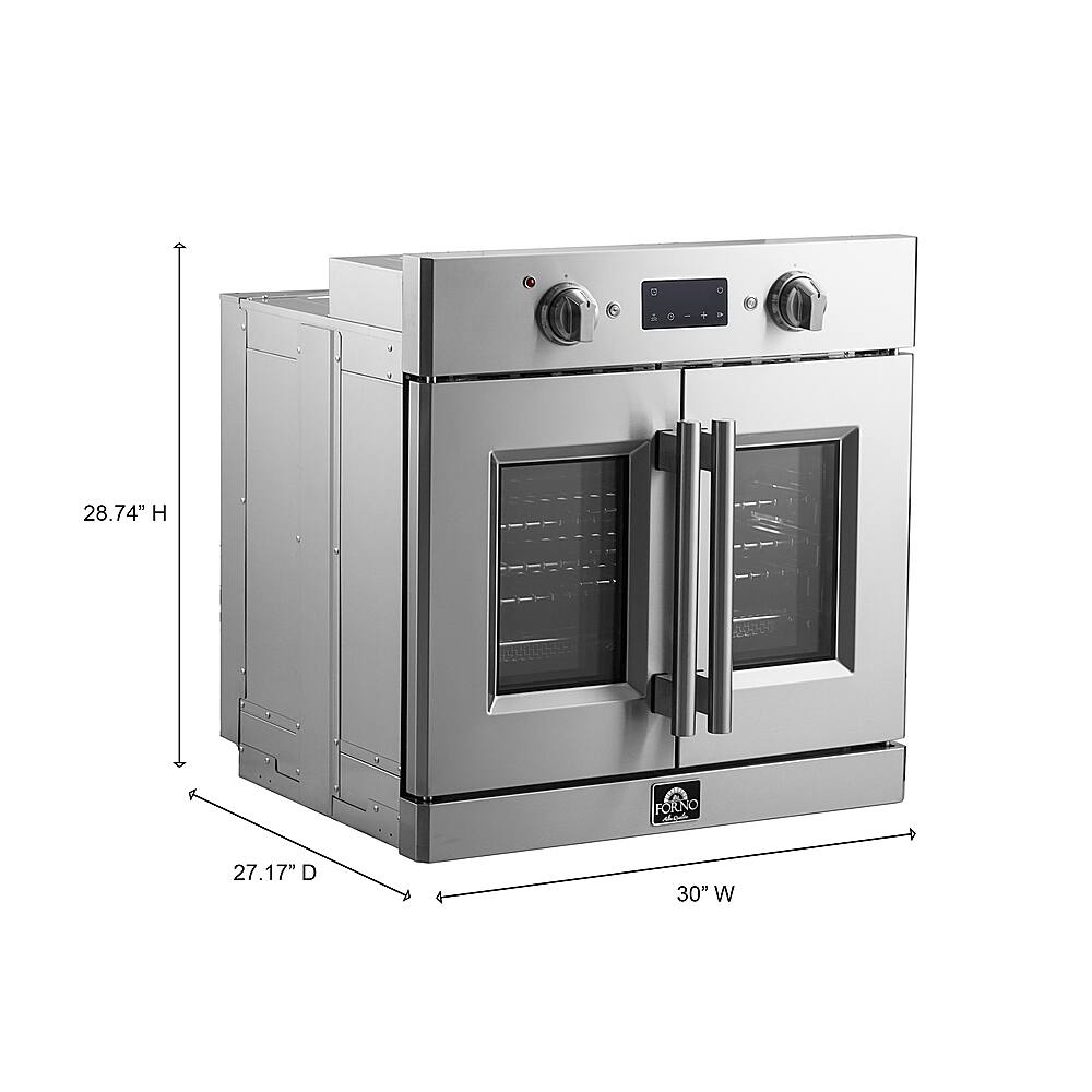 The text on the image reads "28.74" H FORNO e 27.17" D 30" W." This can be grouped and corrected as follows:

"28.74" H x 27.17" D x 30" W"

This indicates that the oven is 28.74 inches tall, 27.17 inches deep, and 30 inches wide.