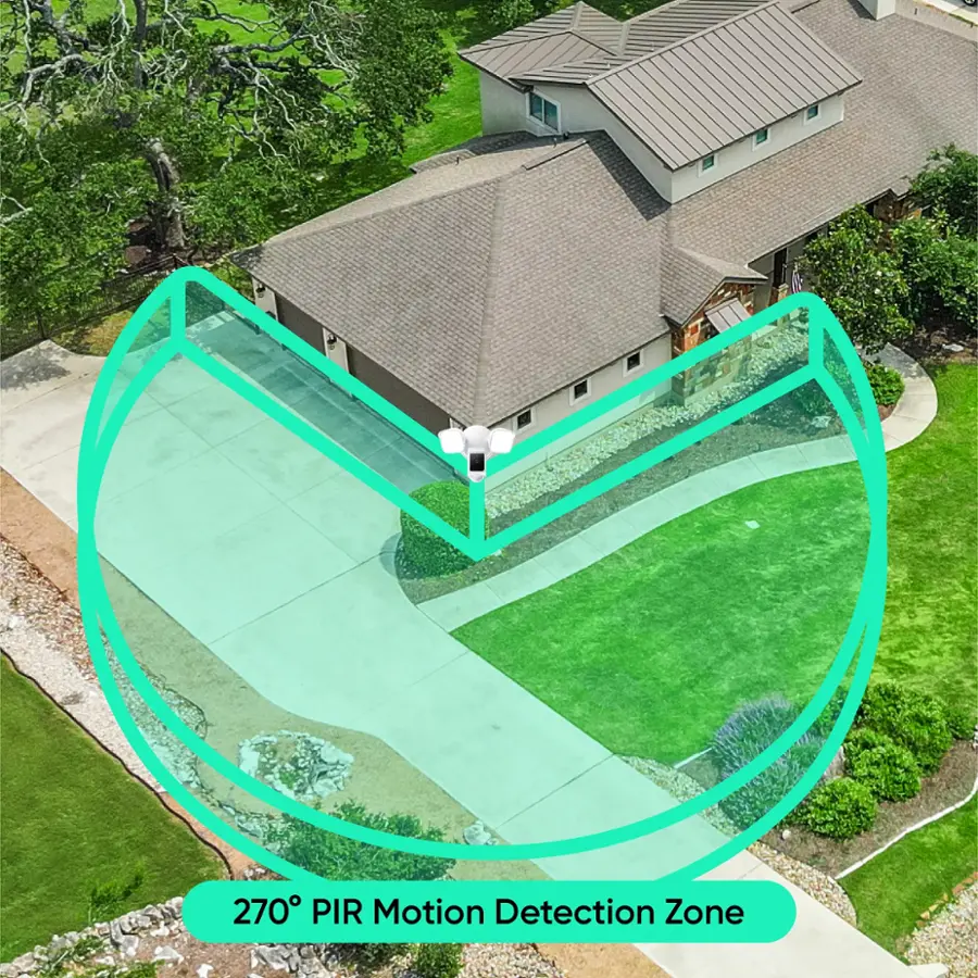 The image features a house with a large backyard. The backyard is equipped with a motion detection system, which is indicated by the presence of a PIR motion detection zone. The zone is designed to detect motion and provide security for the property. The house itself has a shingled roof, giving it a distinctive appearance.