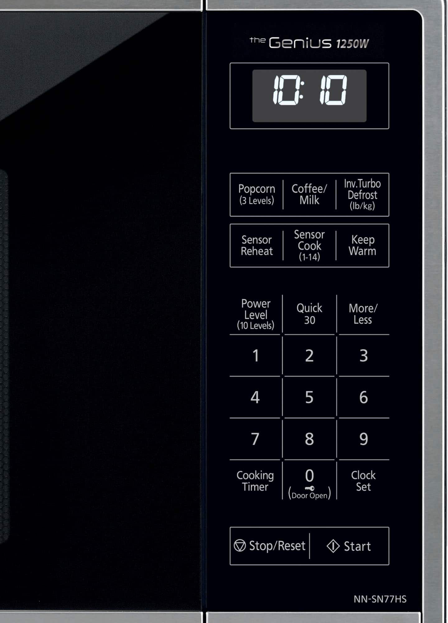 The Genius 1250W microwave has a timer set for 10:00, and it is set to popcorn mode. It also has a coffee/milk function, and it can defrost food quickly. The microwave has three levels of cooking, and it has a sensor reheat function. It also has a sensor cook function that can cook food at various temperatures between 1 and 14. The microwave has a power level with 10 levels, allowing for quick or slow cooking. The timer can be set for 1, 2, or 3 minutes, and it also has a clock function. The microwave can be stopped, reset, or started with the buttons on the front panel. The model number of the microwave is NN-SN77HS.