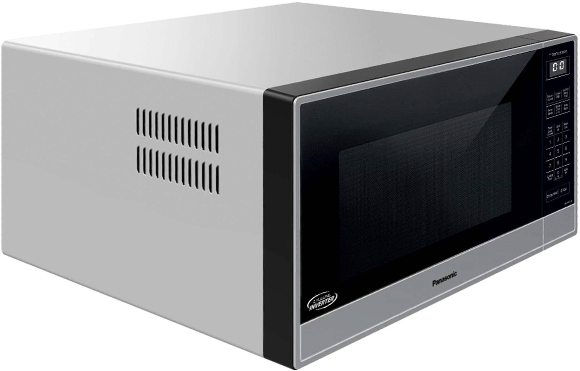 The text on the image reads "C 0 5 1 4 : 1 : - 1 I ~ INVERTER TSOL Panasonic." This text is likely related to the specifications or features of the microwave oven. The Panasonic brand is known for producing high-quality appliances, and the presence of the word "inverter" suggests that the microwave may have an inverter technology, which can provide more precise temperature control and energy efficiency.