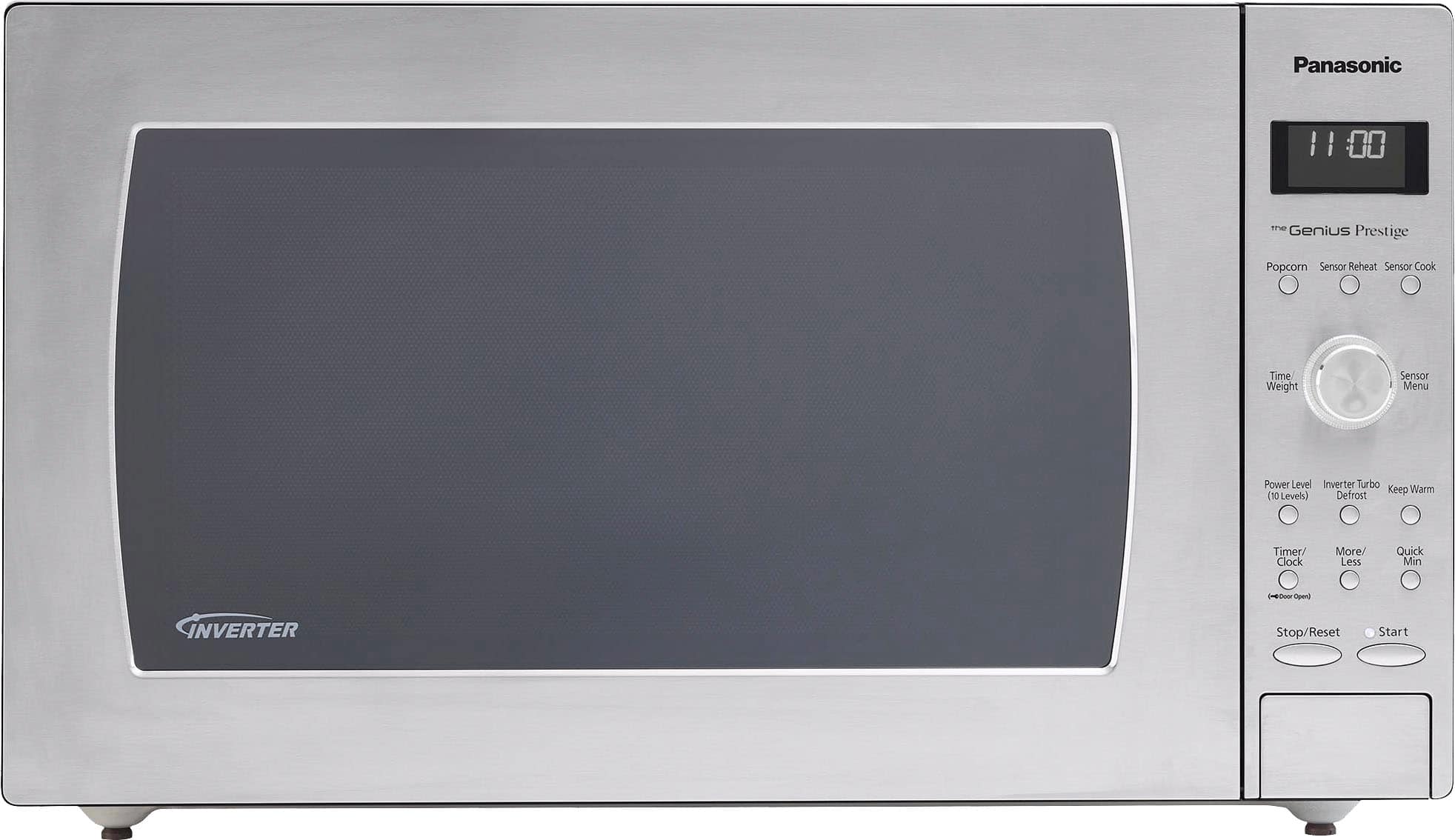 Panasonic Genius Prestige microwave oven. It has a timer and lock feature, and it is a silver color. The microwave is empty and ready for use.