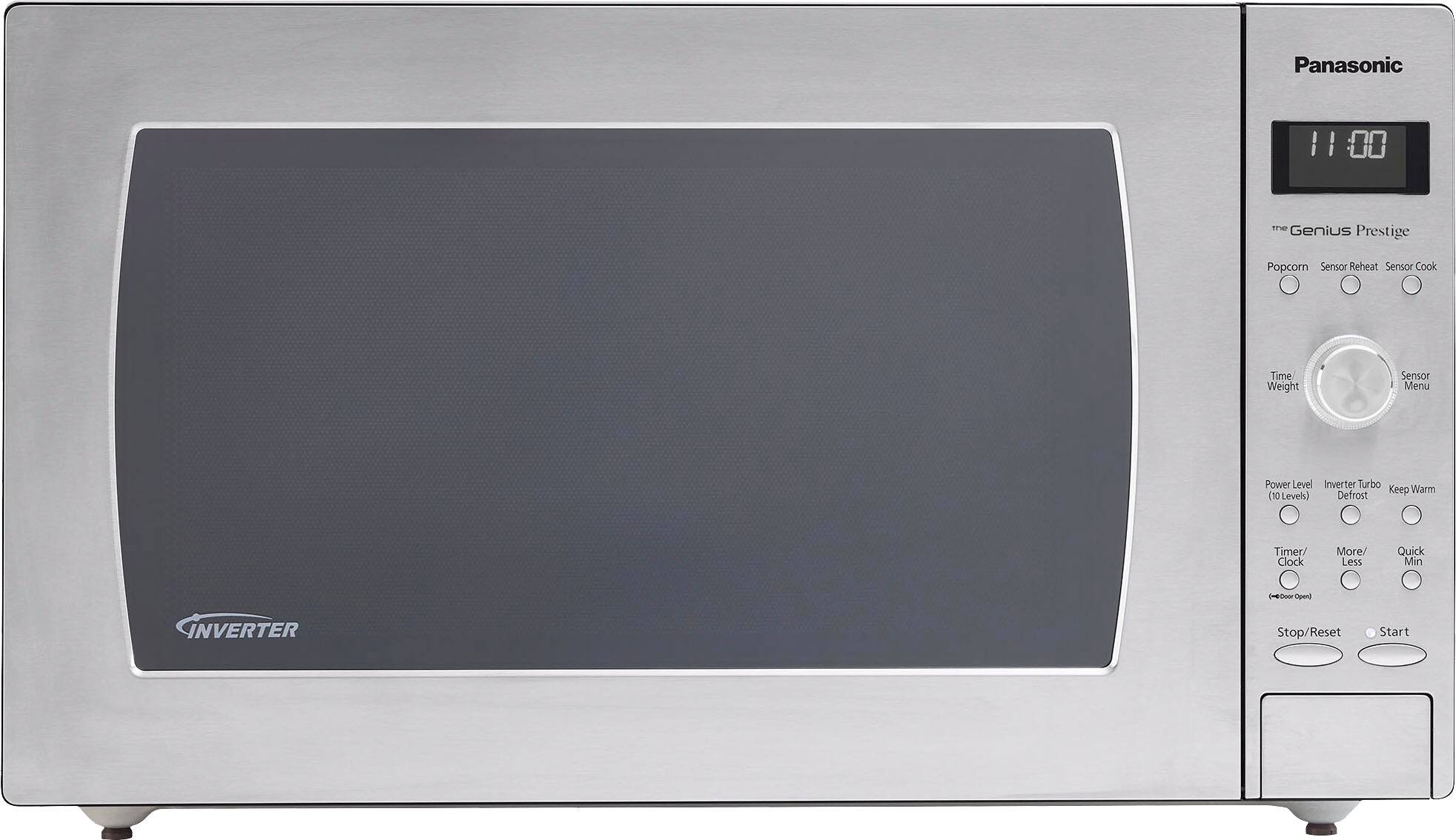 Panasonic Genius Prestige microwave oven. It has a timer and lock feature, and it is a silver color. The microwave is empty and ready for use.