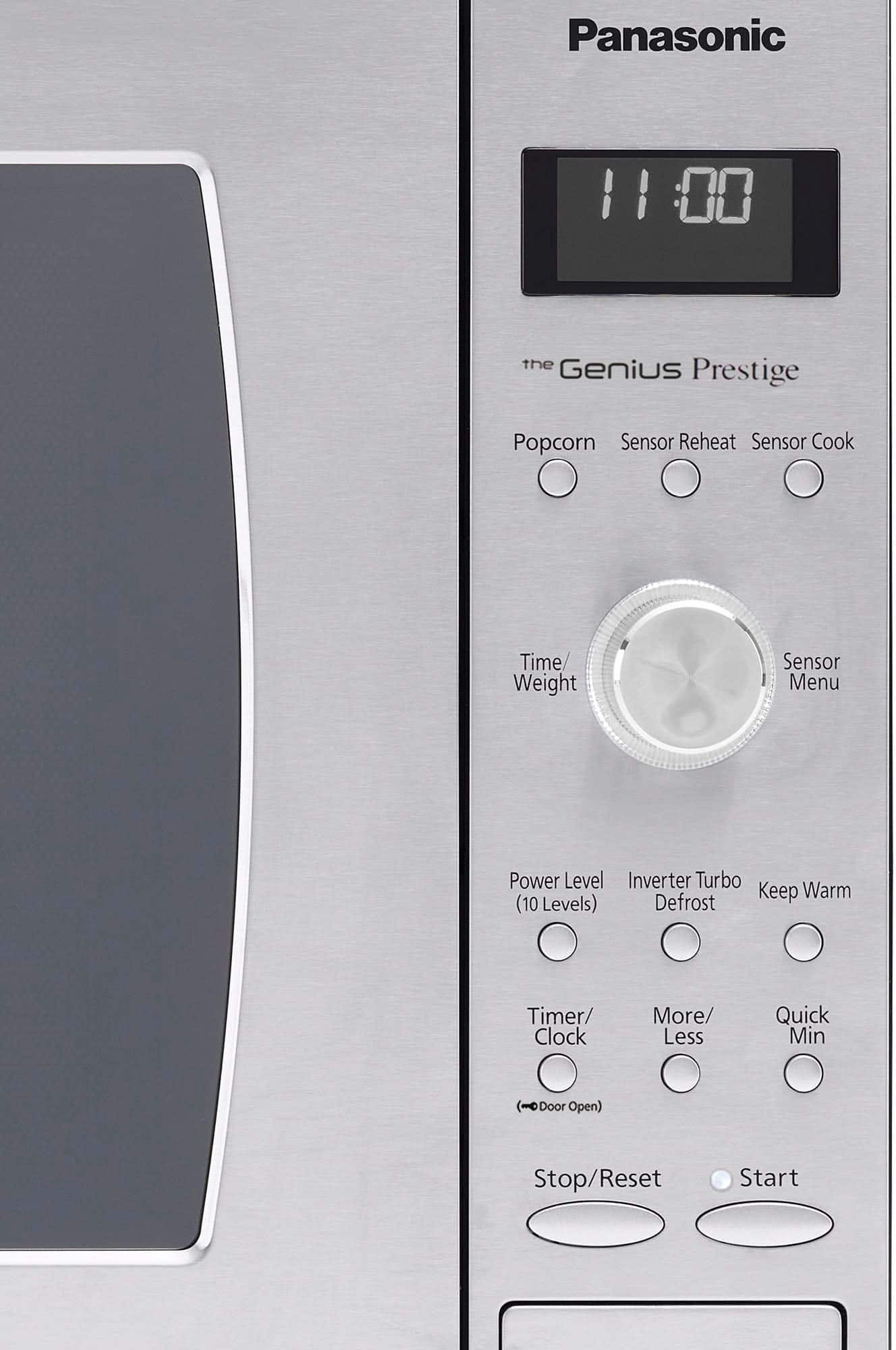Panasonic 1100 11 the Genius Prestige Popcorn Sensor Reheat Sensor Cook Time/ Weight Sensor Menu Power Level Inverter Turbo Keep Warm (10 Levels) Defrost Timer/ Clock More/ Less Quick Min -eDoor Open) Stop/Reset Start