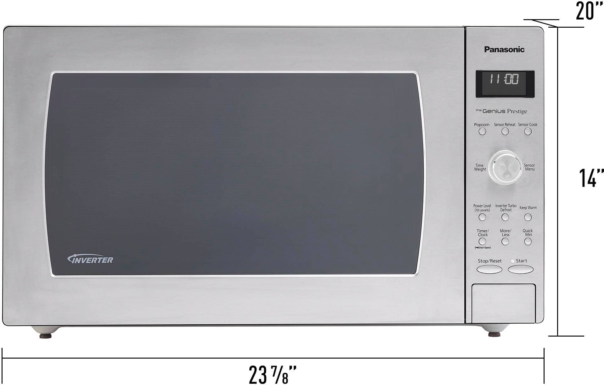 The text on the image is grouped and corrected as follows:
"20" Panasonic microwave oven with 1.1 cubic feet of cooking space. The microwave is 14" tall and has a silver finish. It features a smart inverter technology and a digital display. The dimensions are 23.75" x 14" x 10.5".