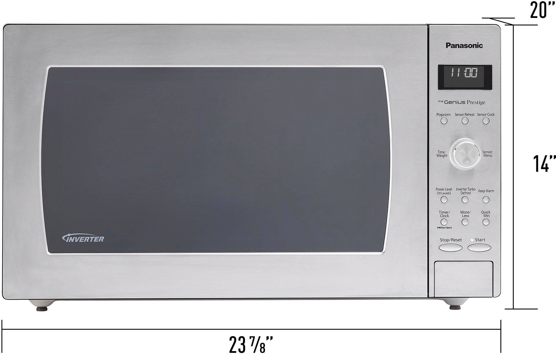 The text on the image is grouped and corrected as follows:

"20" Panasonic microwave oven with 1.1 cubic feet of cooking space. The microwave is 14" tall and has a silver finish. It features a smart inverter technology and a digital display. The dimensions are 23.75" x 14" x 10.5".