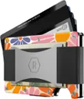 The image features a wallet with a pink and orange floral pattern. The wallet is open, revealing a credit card and a cash compartment. The credit card is placed on top of the cash compartment. The wallet also has a strap to secure the cards and cash. The image does not provide any information about the phone service or the customer number.