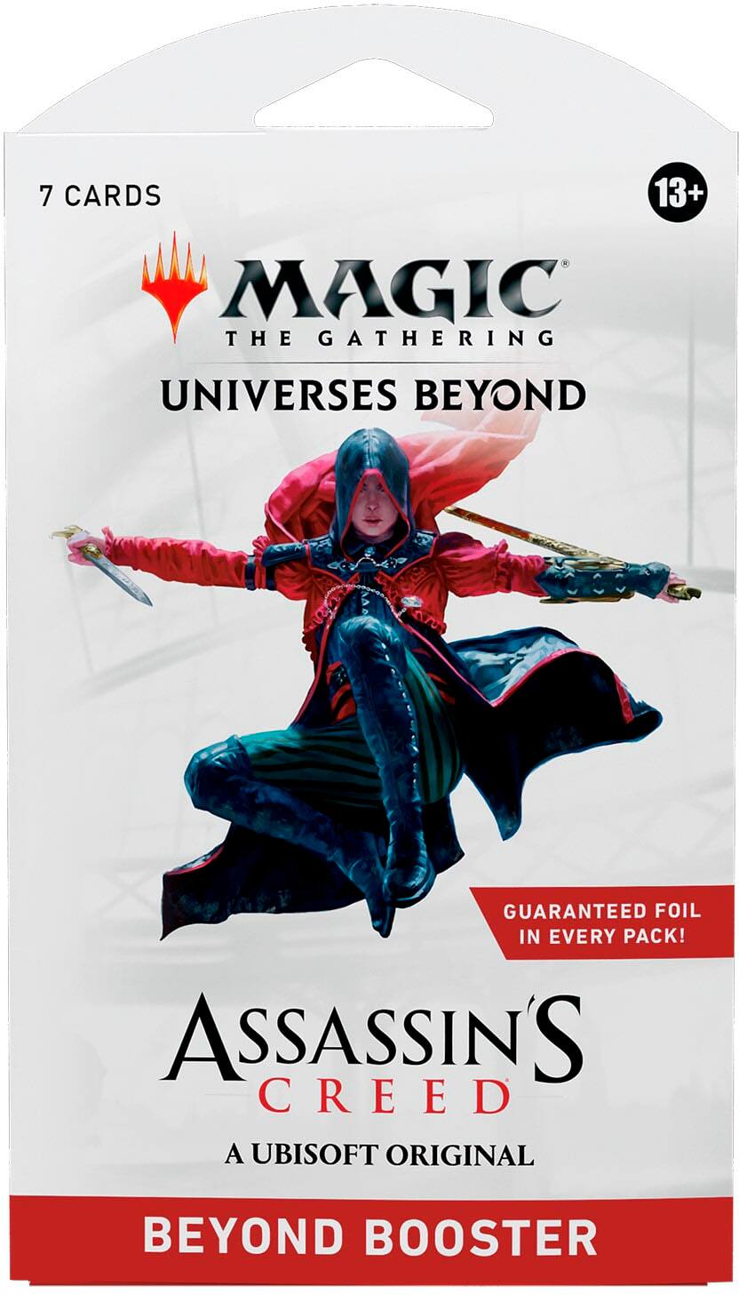 The text on the image reads: "7 CARDS 13+ MAGIC THE GATHERING UNIVERSES BEYOND GUARANTEED FOIL IN EVERY PACK! ASSASSIN'S CREED A UBISOFT ORIGINAL BEYOND BOOSTER."