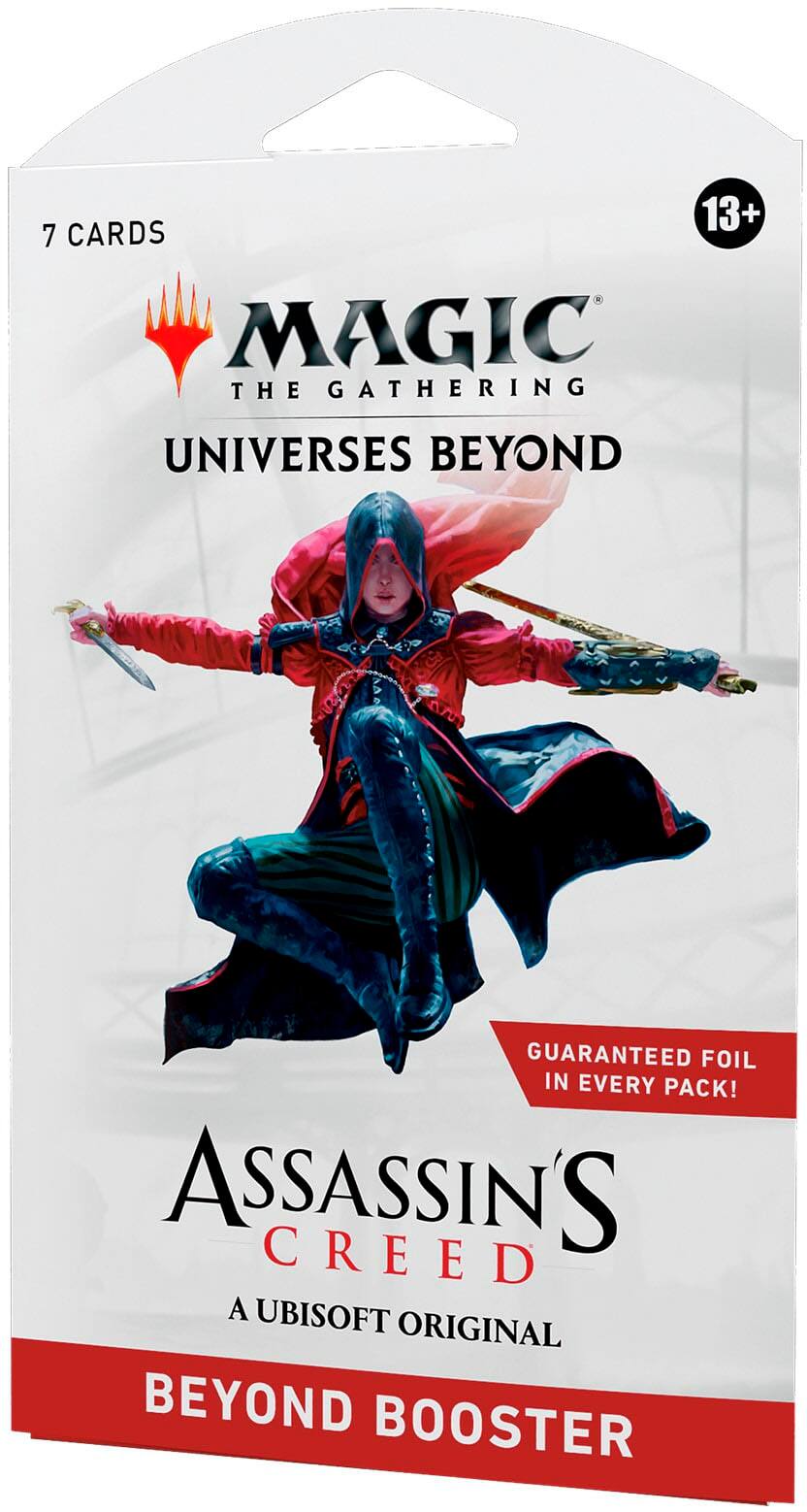 The text on the image is grouped and corrected as follows:
"13+ 7 CARDS MAGIC THE GATHERING UNIVERSES BEYOND GUARANTEED FOIL IN EVERY PACK! ASSASSIN'S CREED - A UBISOFT ORIGINAL BEYOND BOOSTER."