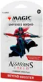 The text on the image is grouped and corrected as follows:

"13+ 7 CARDS MAGIC THE GATHERING UNIVERSES BEYOND GUARANTEED FOIL IN EVERY PACK! ASSASSIN'S CREED - A UBISOFT ORIGINAL BEYOND BOOSTER."