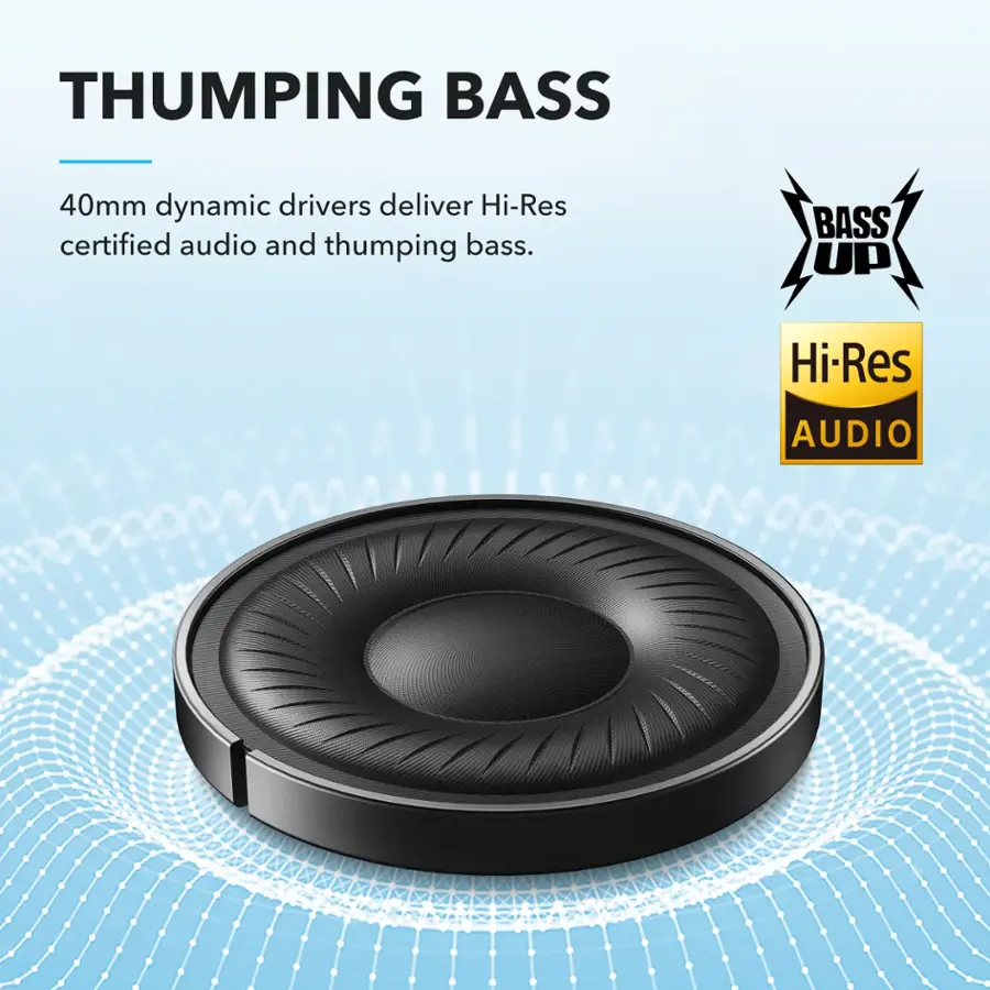 The text on the image reads: "Thumping Bass 40mm dynamic drivers deliver Hi-Res certified audio and thumping bass. Bass Up Hi-Res Audio."