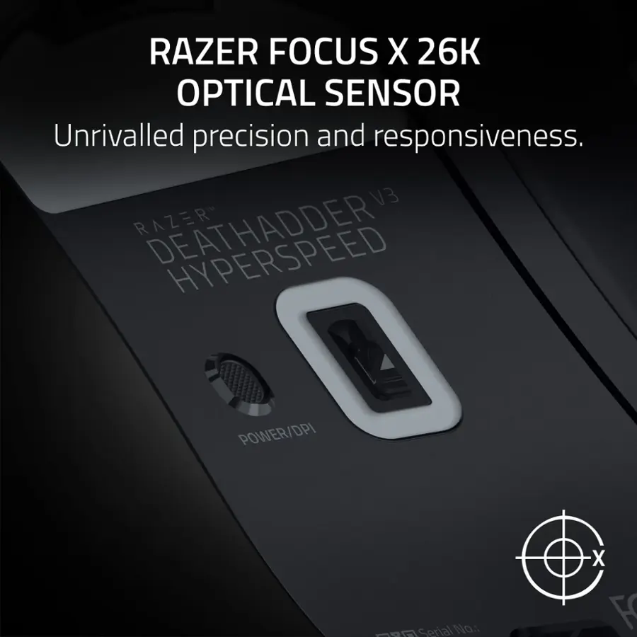 RAZER FOCUS X 26K OPTICAL SENSOR Unrivalled precision and responsiveness. V3 RAZER HYPERSPEED POWER/DPI FB Serial No: X FA
