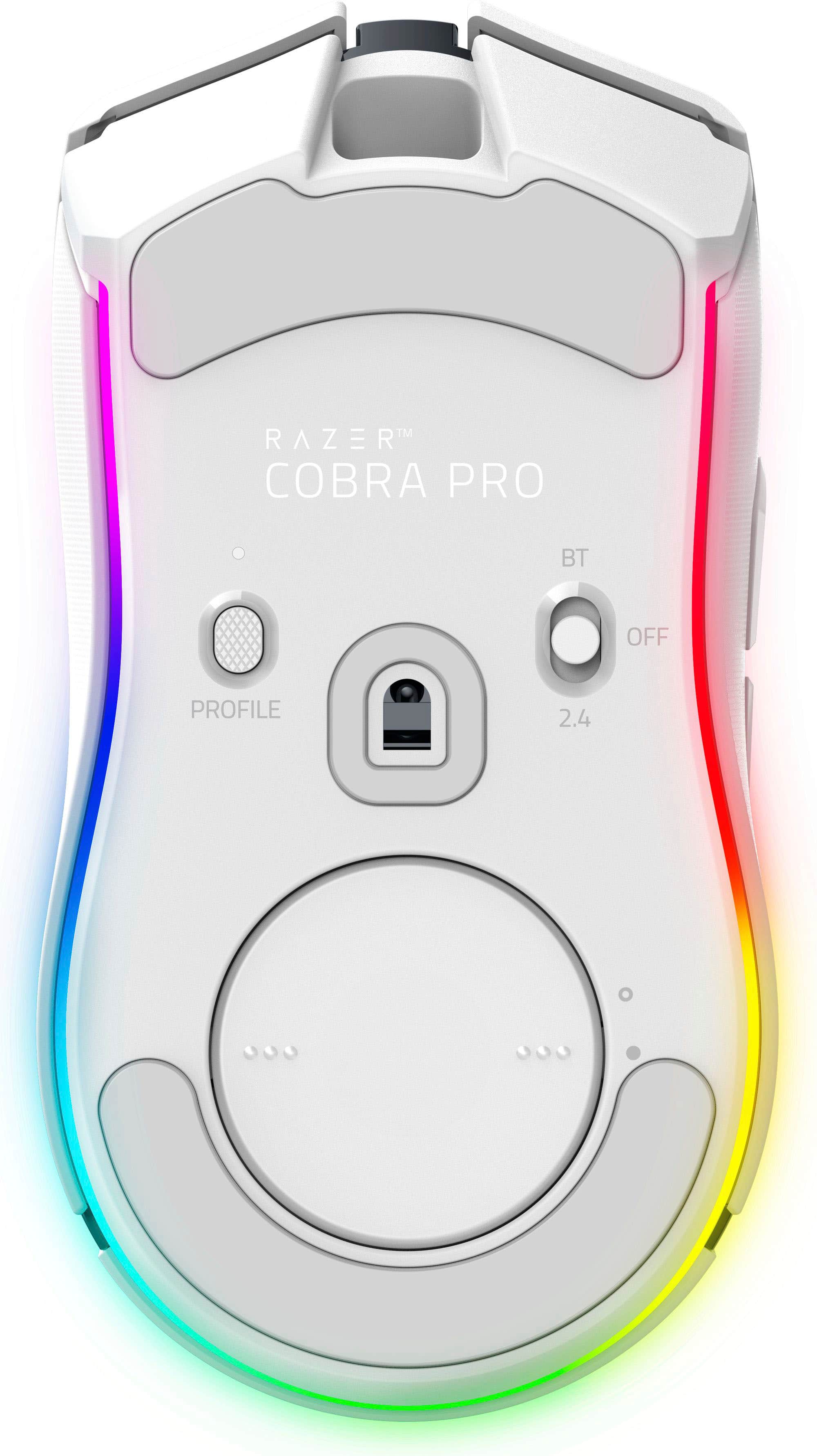 The image features a white and colorful computer mouse with a rainbow effect on it. The mouse is designed by the company Razer and is known as the Razer Cobra Pro BT. The mouse has a profile button on the side, and it is compatible with Bluetooth technology. The colorful design and the rainbow effect make it visually appealing and unique.