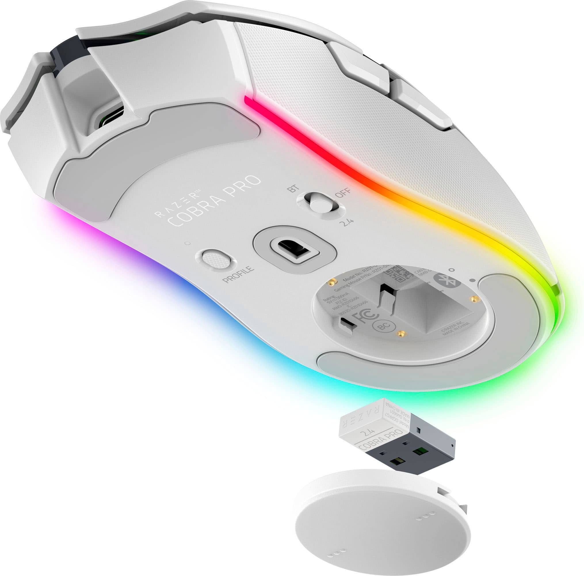 The image features a white computer mouse with a rainbow light on it. The mouse is sitting on top of a white plug, which is connected to a white device. The device is likely a computer or a gaming console, as it is a Razer Pro product. The rainbow light on the mouse adds a visually appealing touch to the overall design.