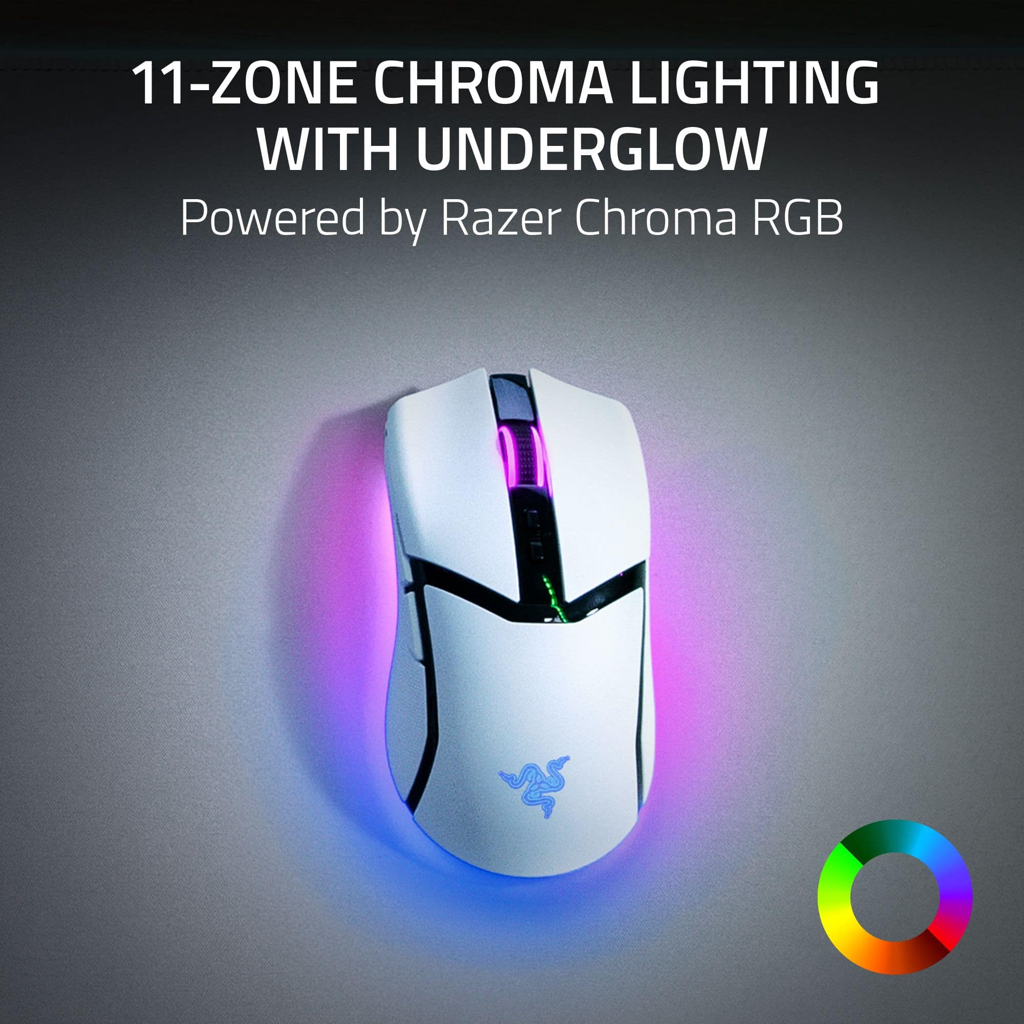 The image features a white and purple computer mouse with a 11-zone chroma lighting system. The mouse is powered by Razer Chroma RGB, which allows for customizable lighting effects on the mouse. The lighting system provides an underglow effect, adding a unique and visually appealing touch to the mouse.