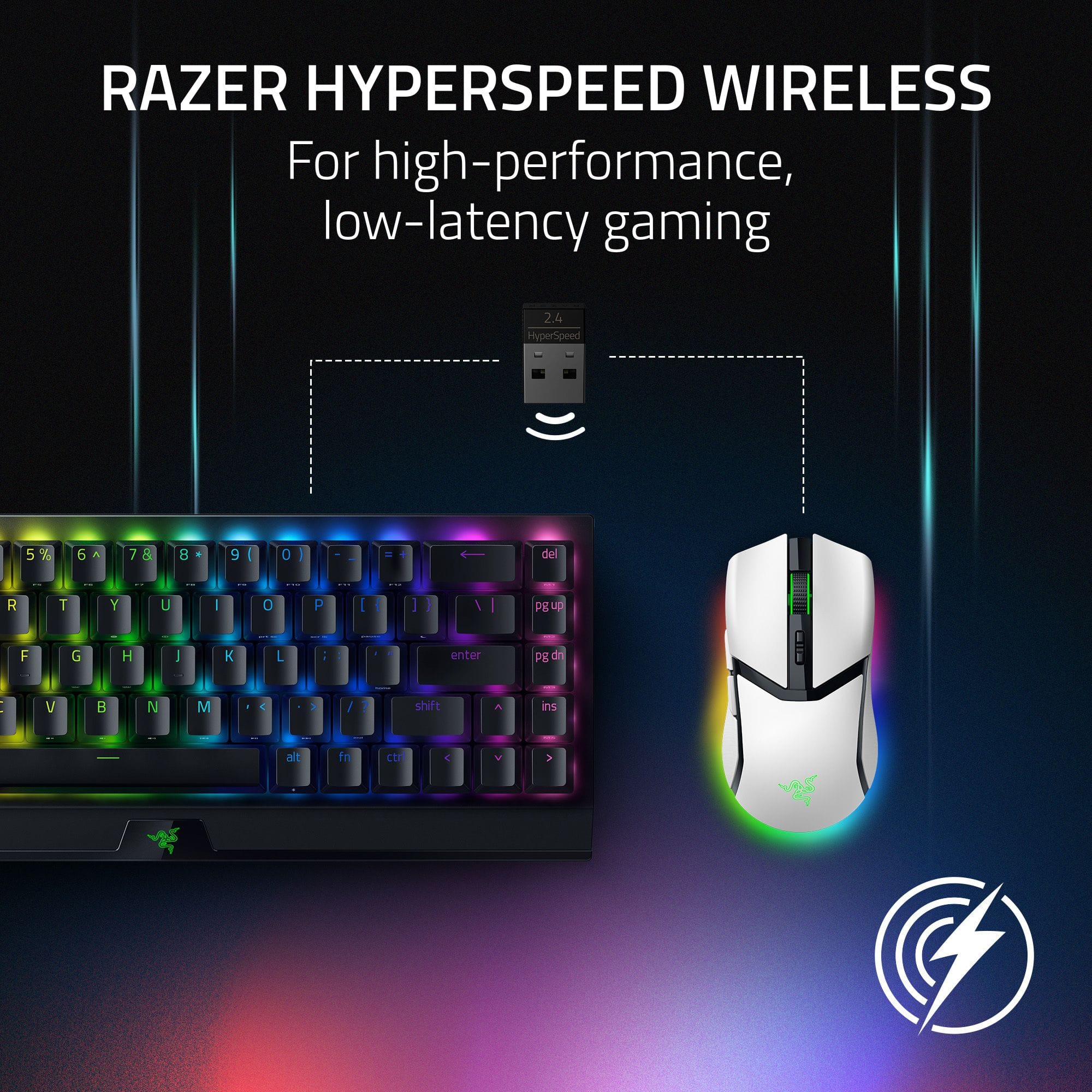 The image features a colorful keyboard and mouse, both made by Razer. The keyboard is a HyperSpeed Wireless model, designed for high-performance, low-latency gaming. The mouse is also a wireless model, providing a seamless gaming experience. The keyboard and mouse are placed on a desk, ready for use.