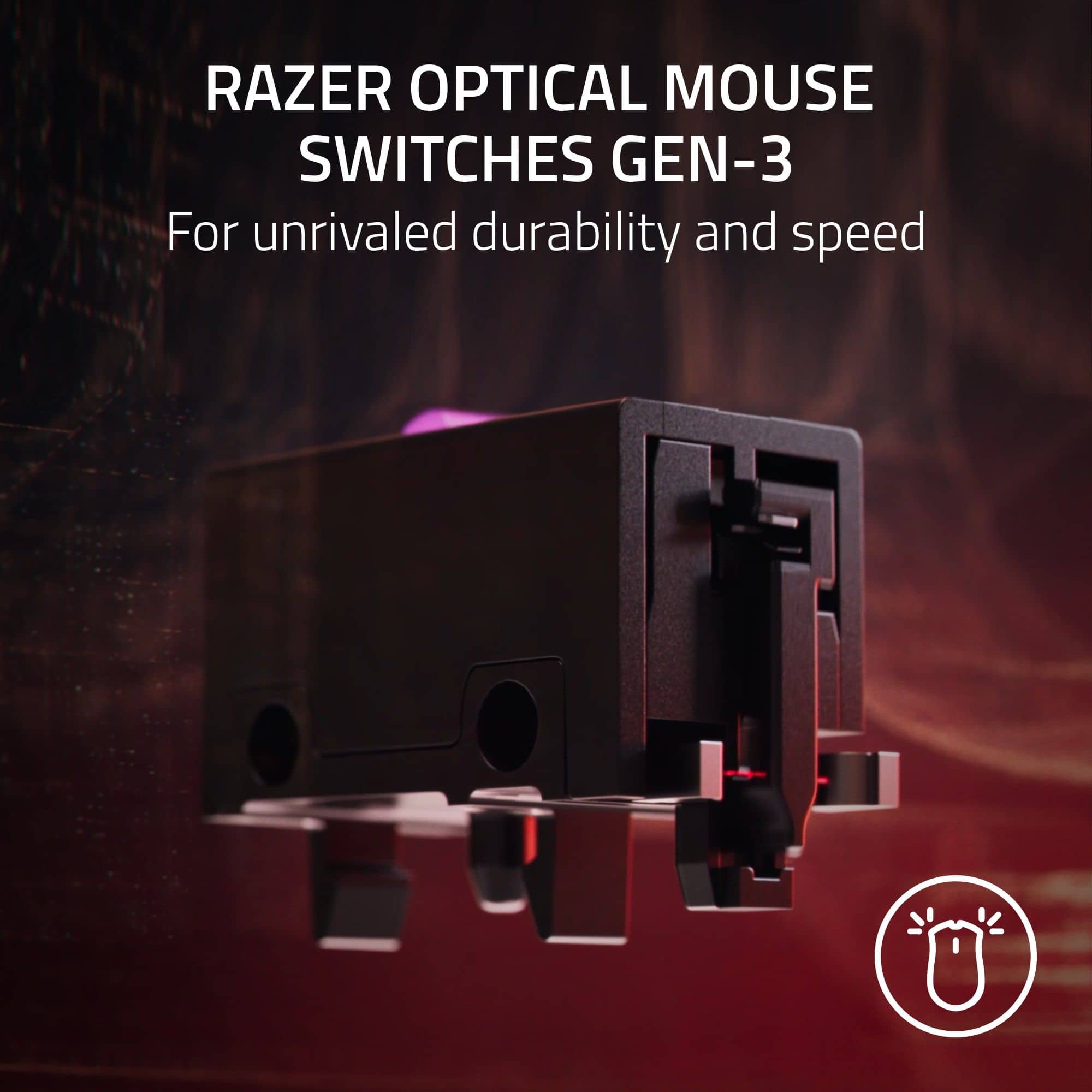 The image features a close-up view of a Razer Optical Mouse Switches Gen-3, showcasing its design and functionality. The mouse is designed for unrivaled durability and speed, making it a popular choice among gamers and tech enthusiasts. The image highlights the mouse's unique features and emphasizes its high-quality construction, making it an attractive option for those seeking a reliable and fast-performing mouse.