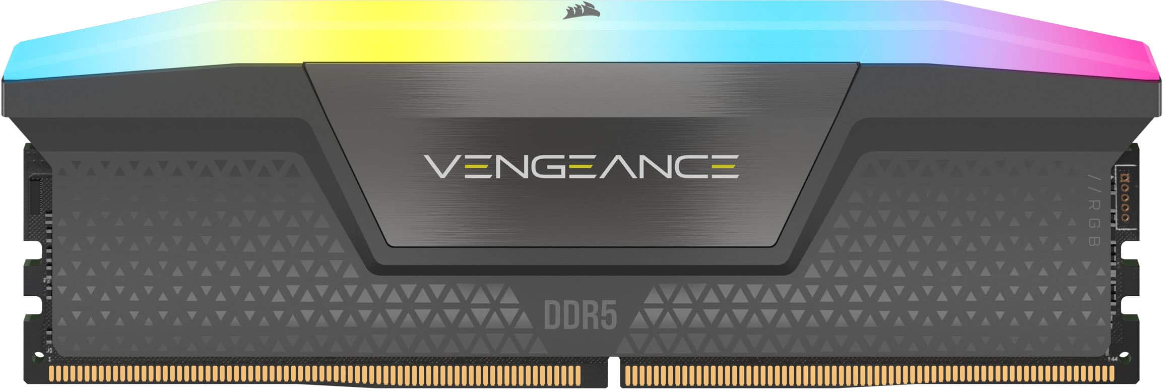 The image features a close-up of a Vengeance DDR5 Vibrant RAM, which is a type of memory module. The RAM is designed with a colorful and vibrant pattern, making it visually appealing. The memory module is placed on a black background, which further highlights the vibrant colors of the RAM. The Vengeance DDR5 Vibrant RAM is a high-performance memory solution that offers fast data transfer rates and improved system responsiveness.